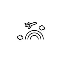 Vector symbol in flat style. Editable stroke. Perfect for internet stores, sites, articles, books etc. Line icon of rainbow under small clouds and flying airplane