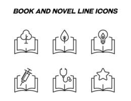 Book, reading, education and novel concept. Vector signs in flat style. Set of line icons of tree, plant, leaf, lamp, syringe, stethoscope, star over book