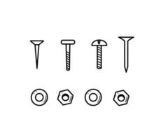 Nails screws and nuts washers, vector doodle set of building elements