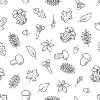 Seamless pattern Doodle set of tree leaves and mushrooms, autumn concept, vector illustration