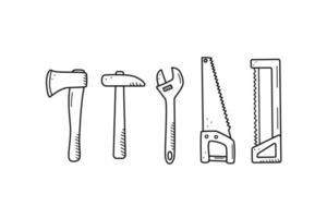 Axe hammer saw wrench, doodle icons of garden or construction hand tools. Vector illustration