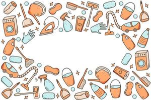 Doodle style vector cleaning elements. A set of drawings of cleaning products and items. Room washing kit