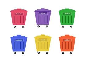 A set of colored garbage cans, a container for sorting waste, zero waste recycling, vector illustration