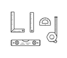 Construction level, ruler, roulette centimeter. Doodle set of measuring tools, vector illustration