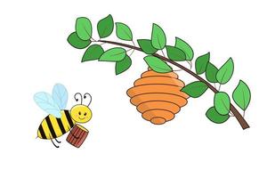 A beehive hangs on a branch with green leaves. A cartoon funny bee holds a barrel of honey in its paws. Vector on a white background isolate