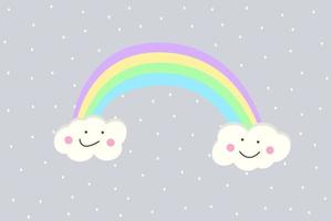 arco iris y nubes divertidas sobre un fondo gris. dibujo vectorial para niños vector