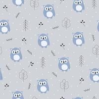 Seamless vector pattern of funny cartoon owl in the forest. Scandinavian style