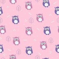 Seamless vector pattern of funny cartoon owl in the forest. Scandinavian style