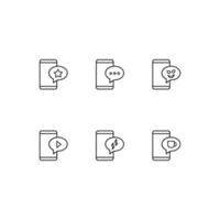 Outline symbol in modern flat style suitable for advertisement, books, stores. Line icon set with icons of star, dots, smile, play, cup inside of bubble on phone monitor vector
