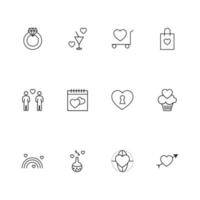 Heart, love and romance line icon collection. Suitable for advertisement, articles, sites. Icons of wedding ring, cocktail, couple, rainbow etc vector