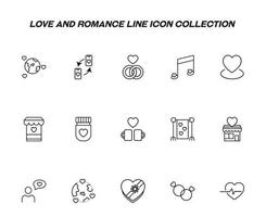 Romance and love concept. Vector monochrome outline signs drawn in flat style. Line icon set. Icon of Earth planet, musical notes, wedding rings, store, tea or coffee cups etc