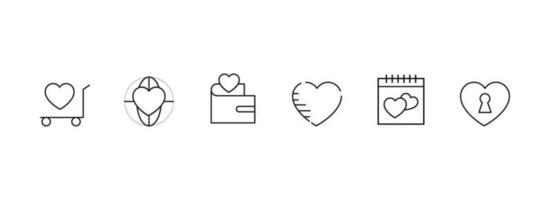 Heart, love and romance line icon collection. Suitable for advertisement, articles, sites. Icons of heart over wallet and shopping cart and heart inside of planet and calendar etc vector