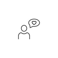 Romance and love concept. Vector monochrome outline signs drawn in flat style. Perfect for advertisement, articles, stores, internet pages. Line icon of heart in speech bubble next to faceless person