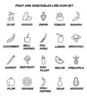 Fruit and vegetable line icon set. Suitable for web sites, advertisements, pages, stores, banners etc. Including signs of olive, potato, onion, tomato, banana etc vector