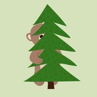 Funny little bear cub hiding peeks out from behind the tree. vector