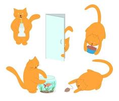 Set of vector funny red cats. Life of domestic cats. A fat red cat is playing with a mouse and fish, eating, looking out of the door