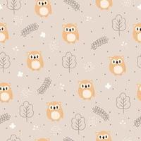 Seamless vector pattern of funny cartoon owl in the forest. Scandinavian style