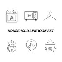 Household and daily routine concept. Collection of modern outline monochrome icons in flat style. Line icon set of bowl in oven, microwave oven, hanger, robot vacuum cleaner, ventilator, multicooker vector