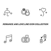 Romance and love concept. Vector monochrome outline signs drawn in flat style. Line icon set. Icon of heart by umbrella, wedding rings, musical notes, smartphone. Balloon in form of heart