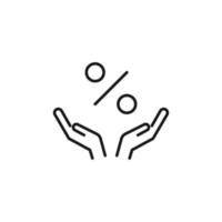 Charity and philanthropy concept. Hight quality sign drawn with thin line. Suitable for web sites, stores, internet shops, banners etc. Line icon of percent above opened hands vector