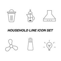 Household and daily routine concept. Collection of modern outline monochrome icons in flat style. Line icon set of garbage can, french press, stove hood, ventilator, salt shaker, light bulb vector