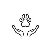 Charity and philanthropy concept. Hight quality sign drawn with thin line. Suitable for web sites, stores, internet shops, banners etc. Line icon of dogs paw over opened hands vector