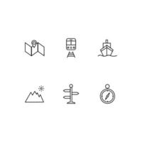 Outline symbol in modern flat style suitable for advertisement, books, stores. Line icon set with icons of map, train, ship, mountains, direction pointer, compass vector