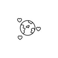 Romance and love concept. Vector monochrome outline signs drawn in flat style. Perfect for advertisement, articles, stores, internet pages. Line icon of Earth planet next to tiny hearts