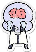 distressed sticker of a cartoon big brain alien crying vector