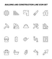 Building and renovation concept. Vector signs and editable strokes. Line icon set with icons of gear, brick wall, saw, house, paint roller, trowel, hamster, screwdriver etc