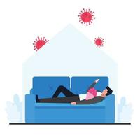 Man lay on sofa and hold phone with a flower bucket while virus around vector