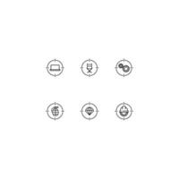 Line icon set with monochrome signs suitable for adverts, shops, stores, apps. Laptop, director chair, gear, grenade, parachute, cogwheel under helmet inside of target vector