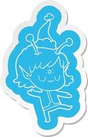cartoon  sticker of a alien girl wearing santa hat vector