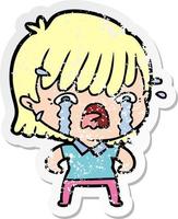 distressed sticker of a cartoon girl crying vector