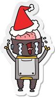 sticker cartoon of a crying robot wearing santa hat vector