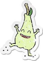 retro distressed sticker of a cartoon happy dancing pear vector