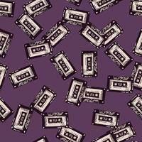 Audio cassette tape engraved seamless pattern. Vintage music cassette tape in hand drawn style. vector