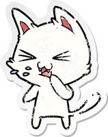 distressed sticker of a cartoon cat hissing vector