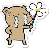 sticker of a cartoon crying bear with flower vector