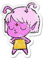 distressed sticker of a cartoon alien girl vector