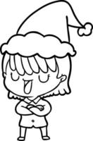 line drawing of a woman wearing santa hat vector