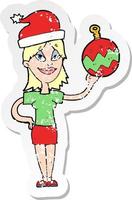 retro distressed sticker of a cartoon woman ready for christmas vector