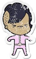 distressed sticker of a annoyed girl in futuristic clothes vector