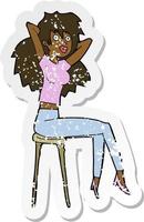 retro distressed sticker of a cartoon woman posing on stool vector