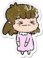 distressed sticker of a cartoon angry girl vector