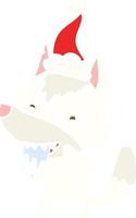 flat color illustration of a hungry wolf wearing santa hat vector