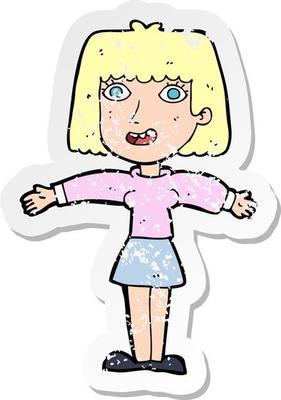 retro distressed sticker of a cartoon excited woman