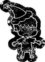annoyed cartoon distressed icon of a boy wearing santa hat vector