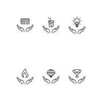 Charity and philanthropy concept. Modern vector outline symbols drawn with thin line. Line icon collection. Icons of credit card, soda, light bulb, flame, parachute, goblet over opened hands