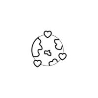 Romance and love concept. Vector monochrome outline signs drawn in flat style. Perfect for advertisement, articles, stores, internet pages. Line icon of planet Earth surrounded by hearts